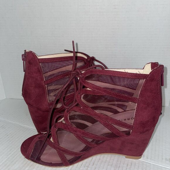 Torrid Sandals Womens 10W Burgundy Faux Suede Open Toe Lace Up Wedge Heel Zip Up - Picture 8 of 14
